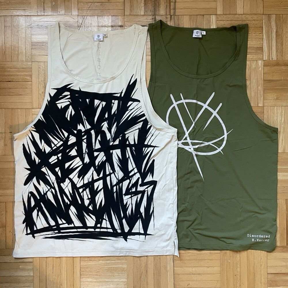 Set of 2 K Xavier Disordered Tank Top Mens Medium Beige Green Workout Gym